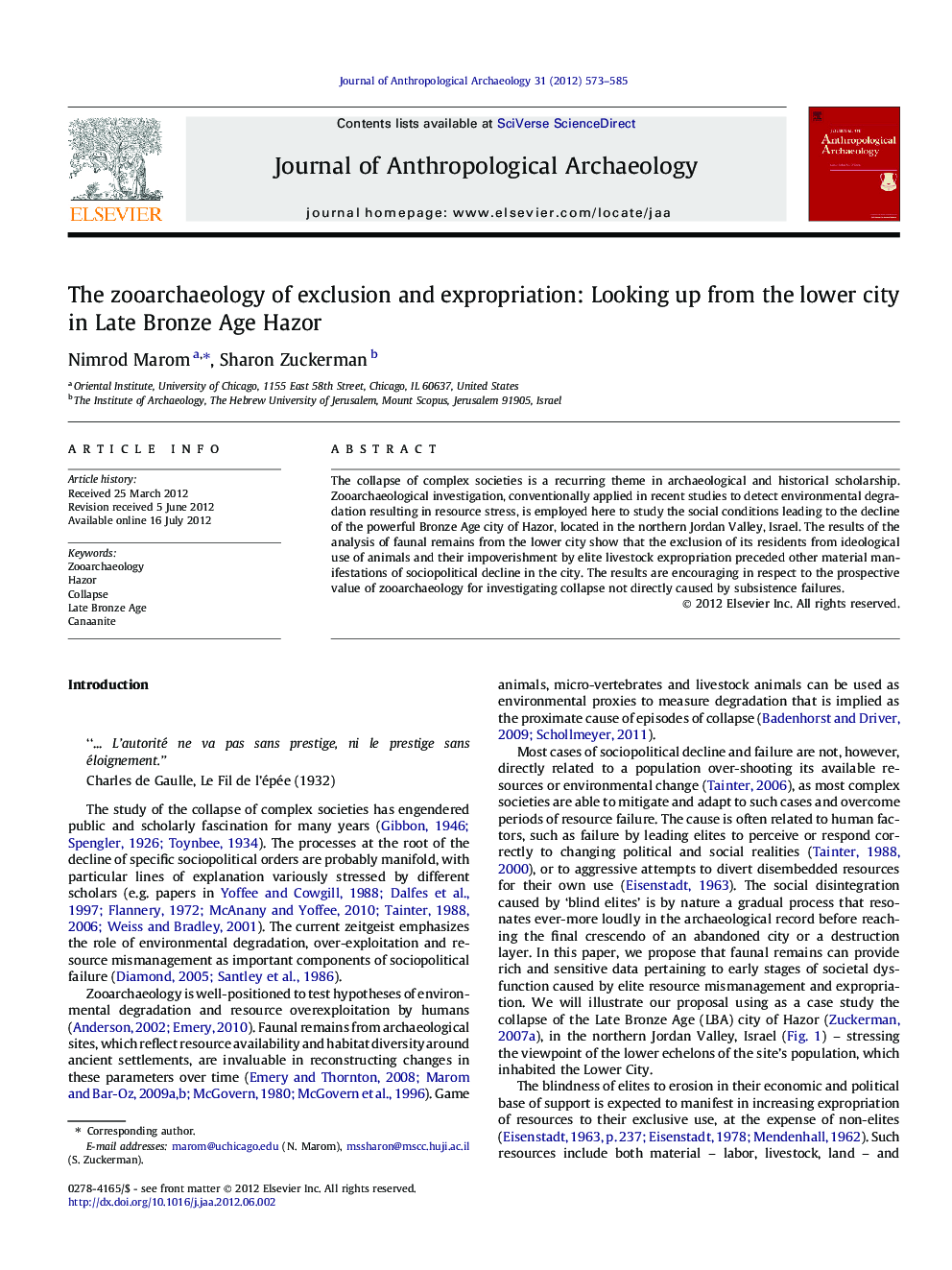 The zooarchaeology of exclusion and expropriation: Looking up from the lower city in Late Bronze Age Hazor