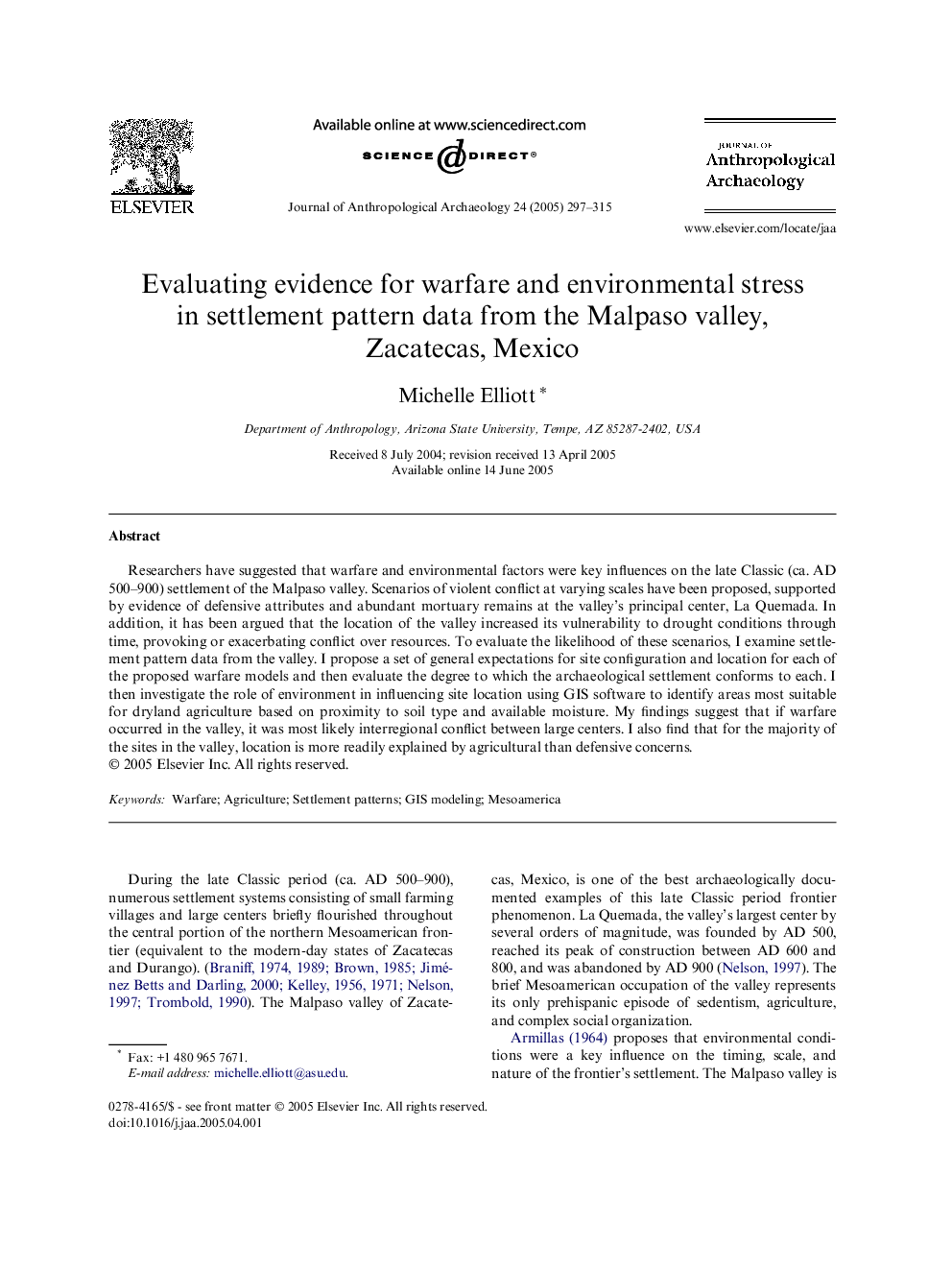 Evaluating evidence for warfare and environmental stress in settlement pattern data from the Malpaso valley, Zacatecas, Mexico