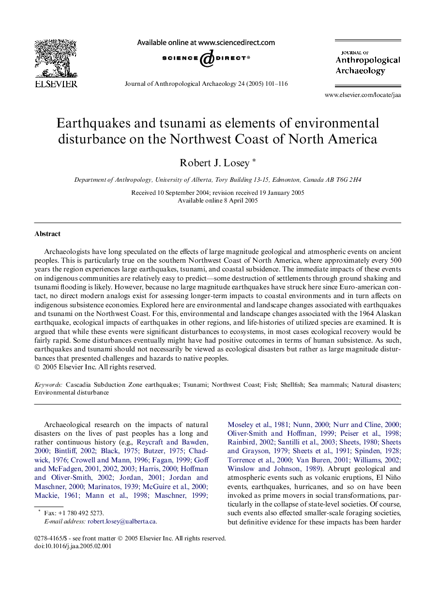 Earthquakes and tsunami as elements of environmental disturbance on the Northwest Coast of North America