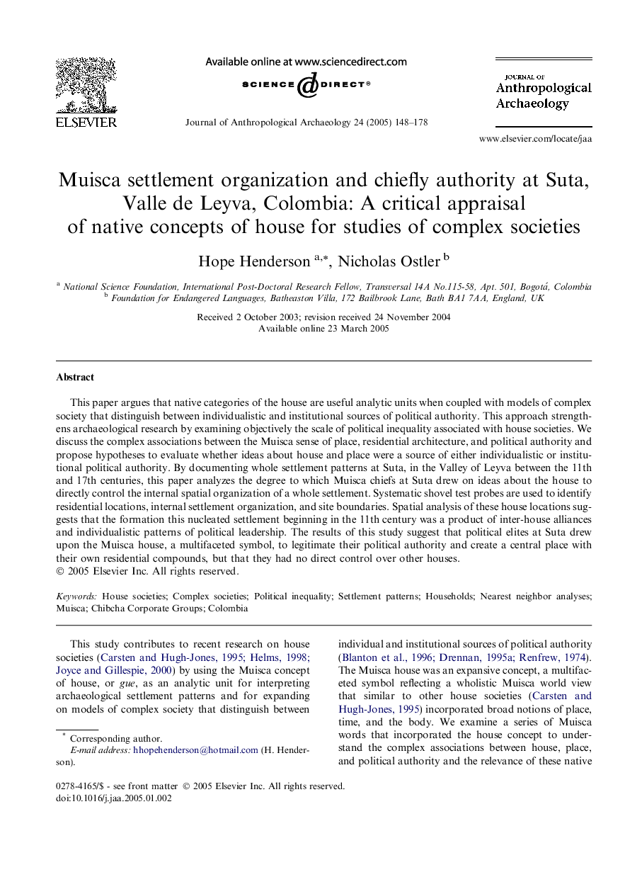 Muisca settlement organization and chiefly authority at Suta, Valle de Leyva, Colombia: A critical appraisal of native concepts of house for studies of complex societies