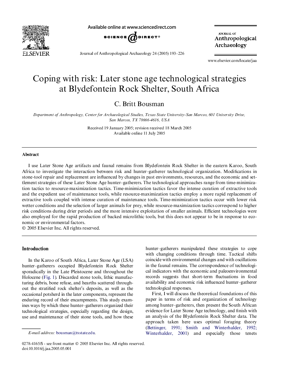 Coping with risk: Later stone age technological strategies at Blydefontein Rock Shelter, South Africa