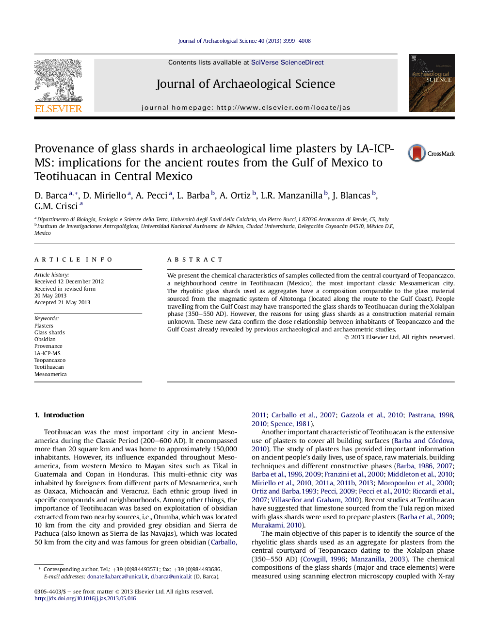 Provenance of glass shards in archaeological lime plasters by LA-ICP-MS: implications for the ancient routes from the Gulf of Mexico to Teotihuacan in Central Mexico