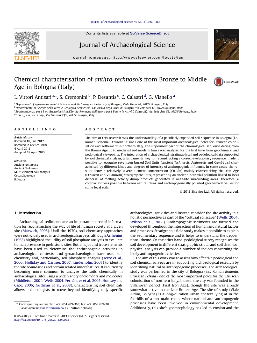 Chemical characterisation of anthro-technosols from Bronze to Middle Age in Bologna (Italy)