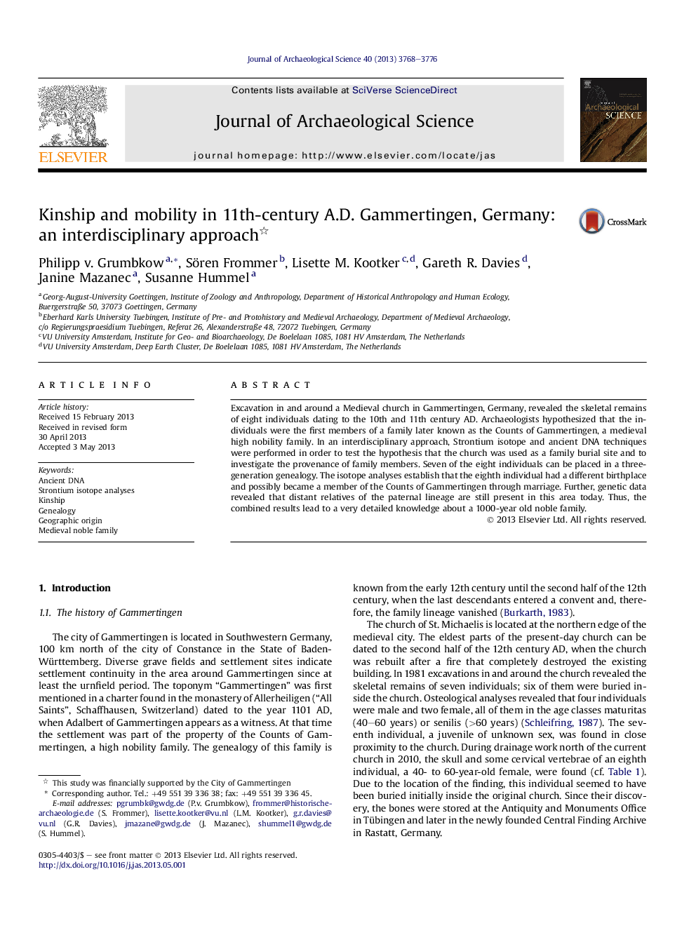 Kinship and mobility in 11th-century A.D. Gammertingen, Germany: an interdisciplinary approach