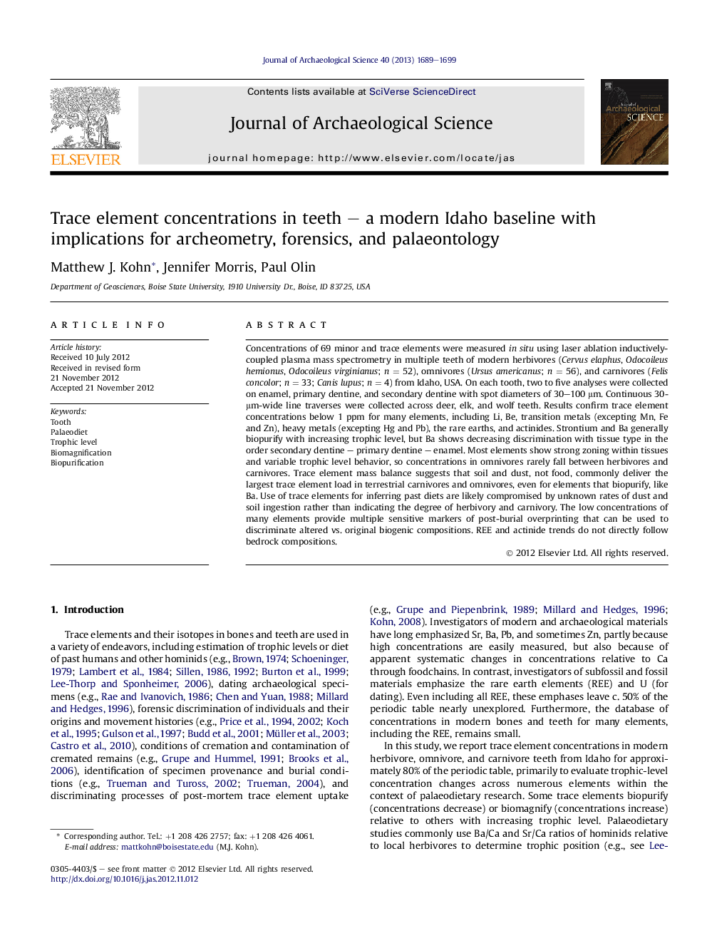 Trace element concentrations in teeth - a modern Idaho baseline with implications for archeometry, forensics, and palaeontology