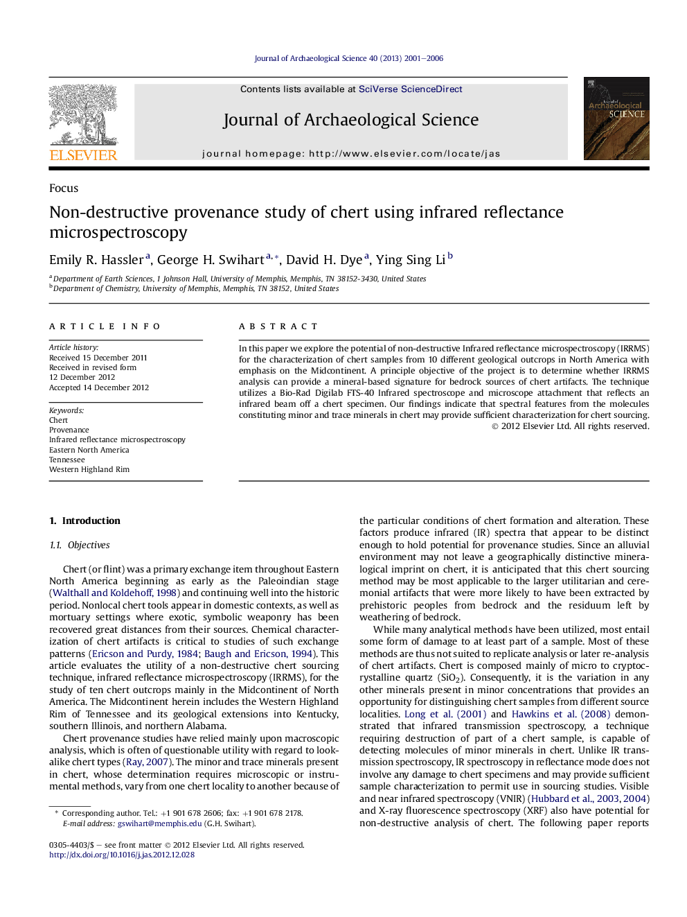 Non-destructive provenance study of chert using infrared reflectance microspectroscopy