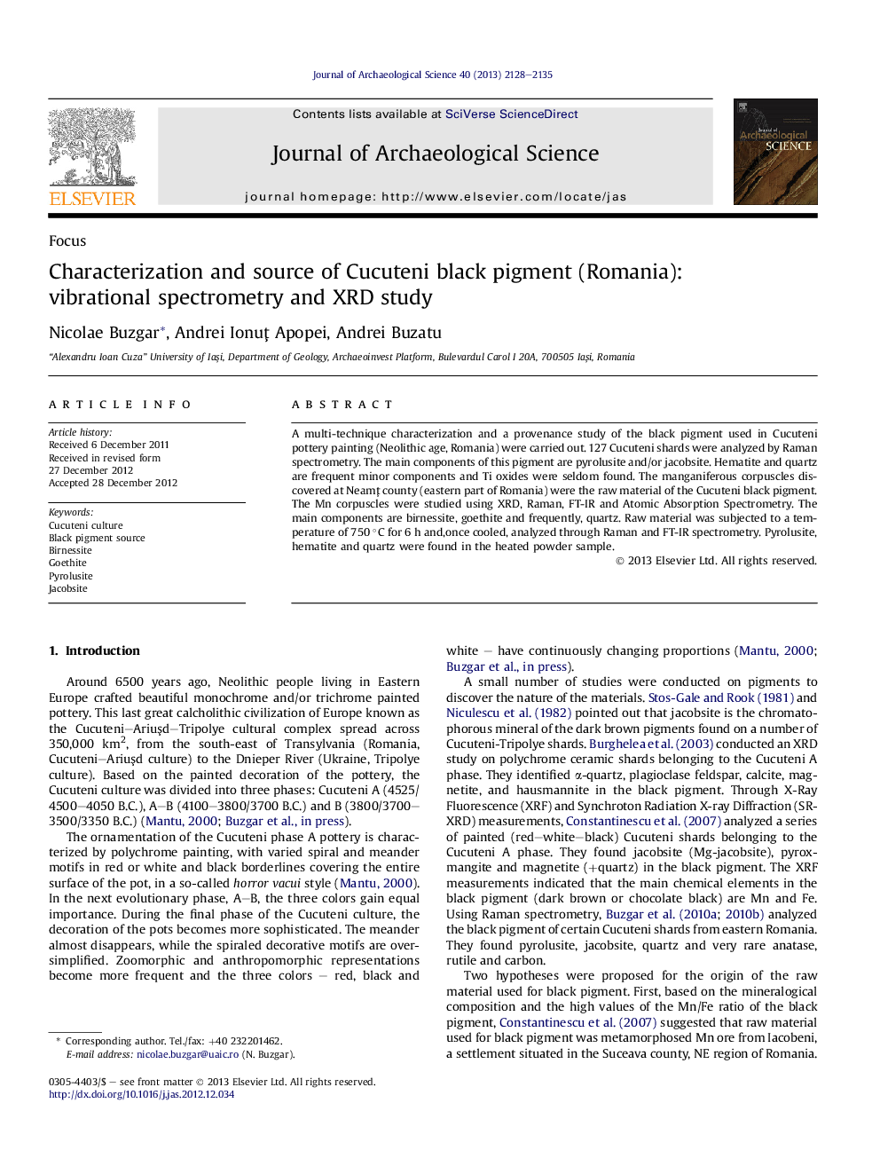 Characterization and source of Cucuteni black pigment (Romania): vibrational spectrometry and XRD study