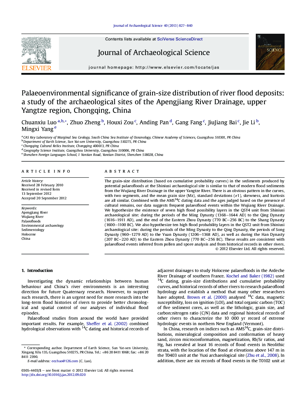 Palaeoenvironmental significance of grain-size distribution of river flood deposits: a study of the archaeological sites of the Apengjiang River Drainage, upper Yangtze region, Chongqing, China