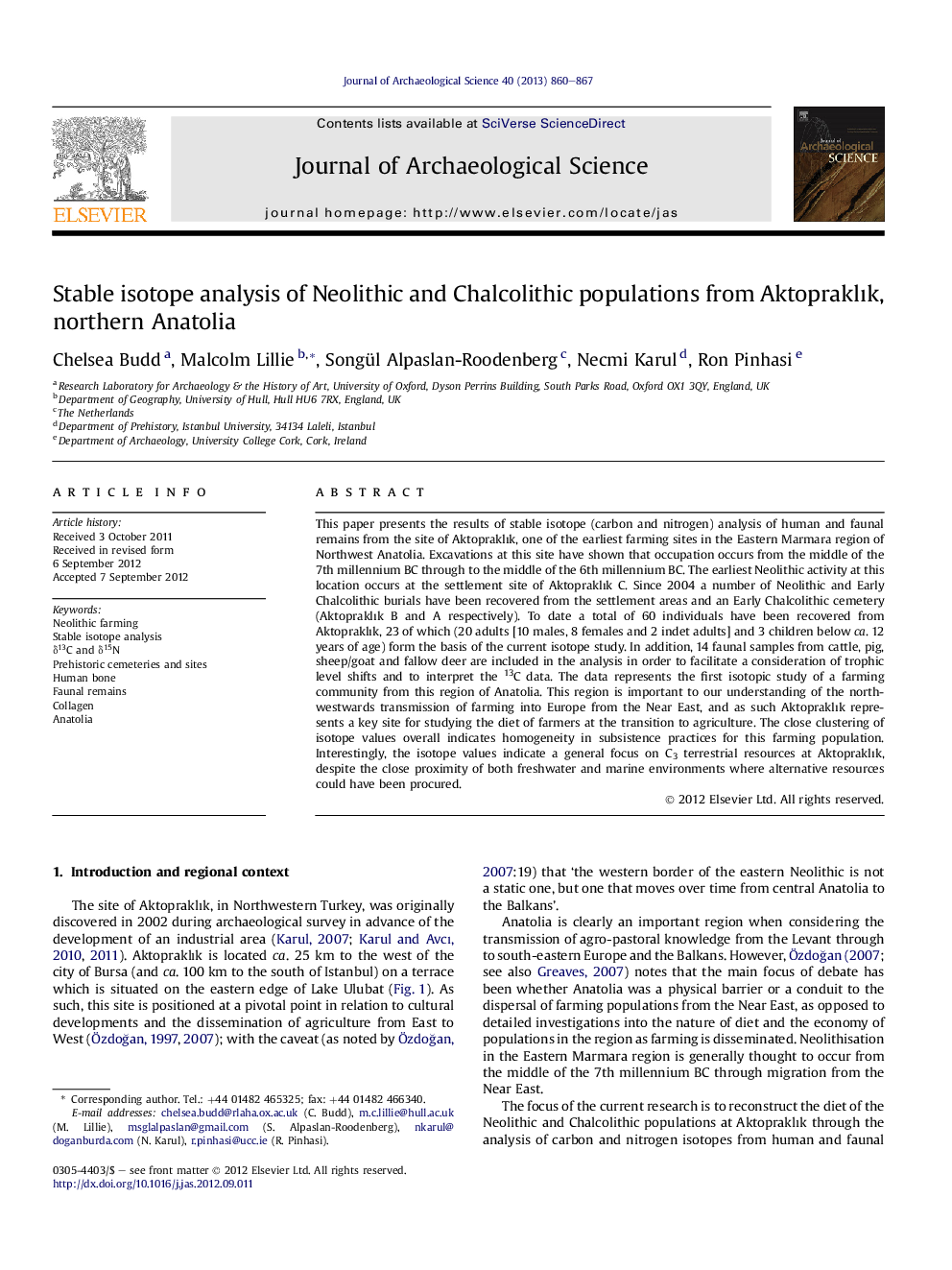 Stable isotope analysis of Neolithic and Chalcolithic populations from AktopraklÄ±k, northern Anatolia