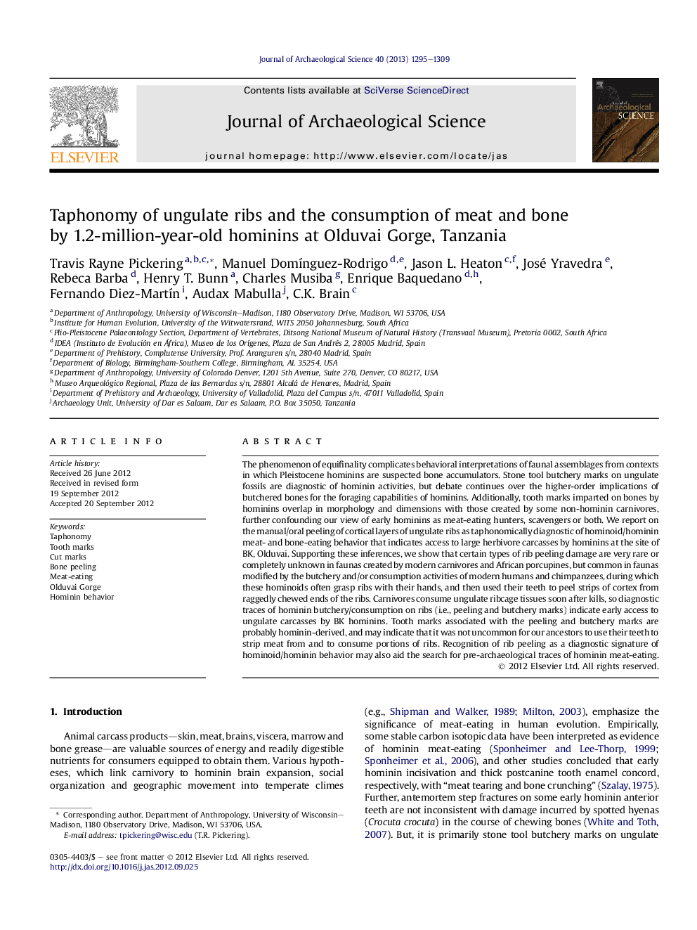 Taphonomy of ungulate ribs and the consumption of meat and bone by 1.2-million-year-old hominins at Olduvai Gorge, Tanzania