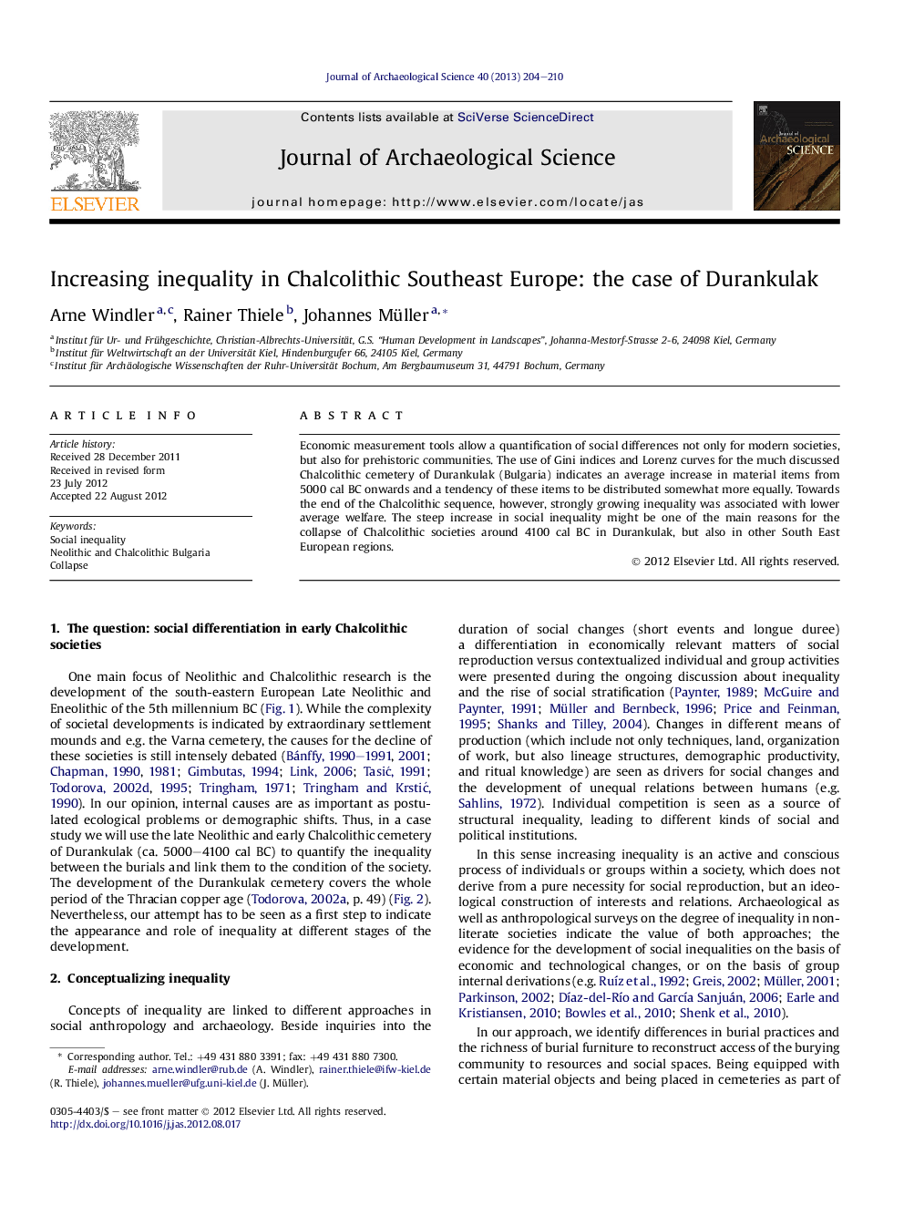 Increasing inequality in Chalcolithic Southeast Europe: the case of Durankulak