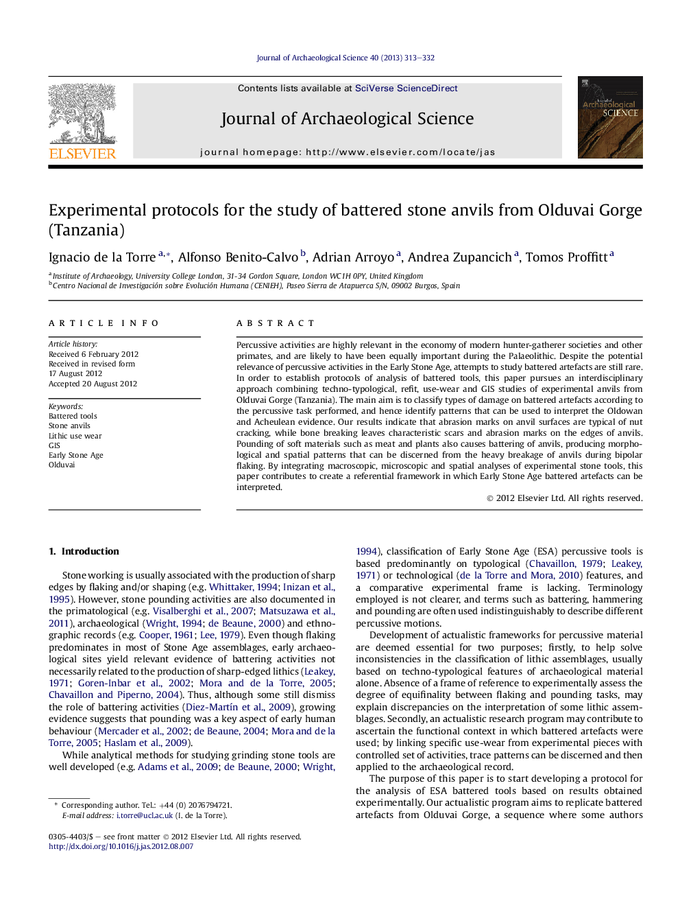 Experimental protocols for the study of battered stone anvils from Olduvai Gorge (Tanzania)