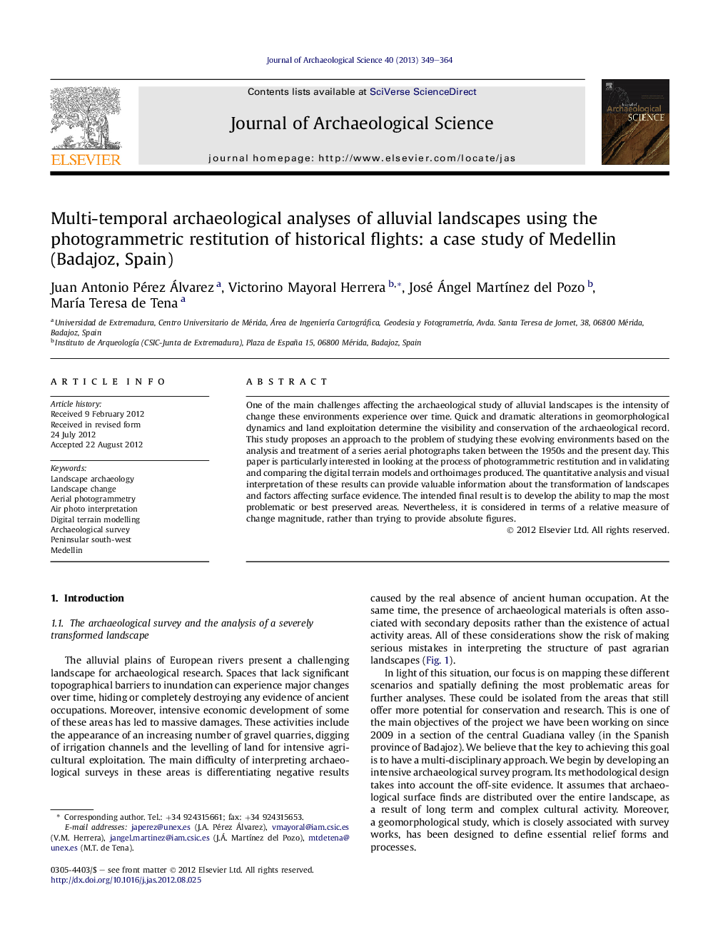 Multi-temporal archaeological analyses of alluvial landscapes using the photogrammetric restitution of historical flights: a case study of Medellin (Badajoz, Spain)