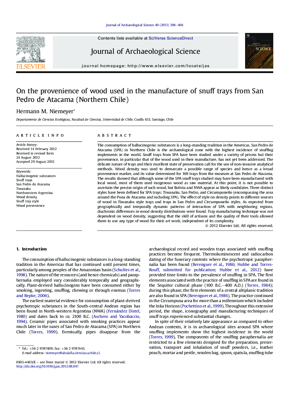 On the provenience of wood used in the manufacture of snuff trays from San Pedro de Atacama (Northern Chile)