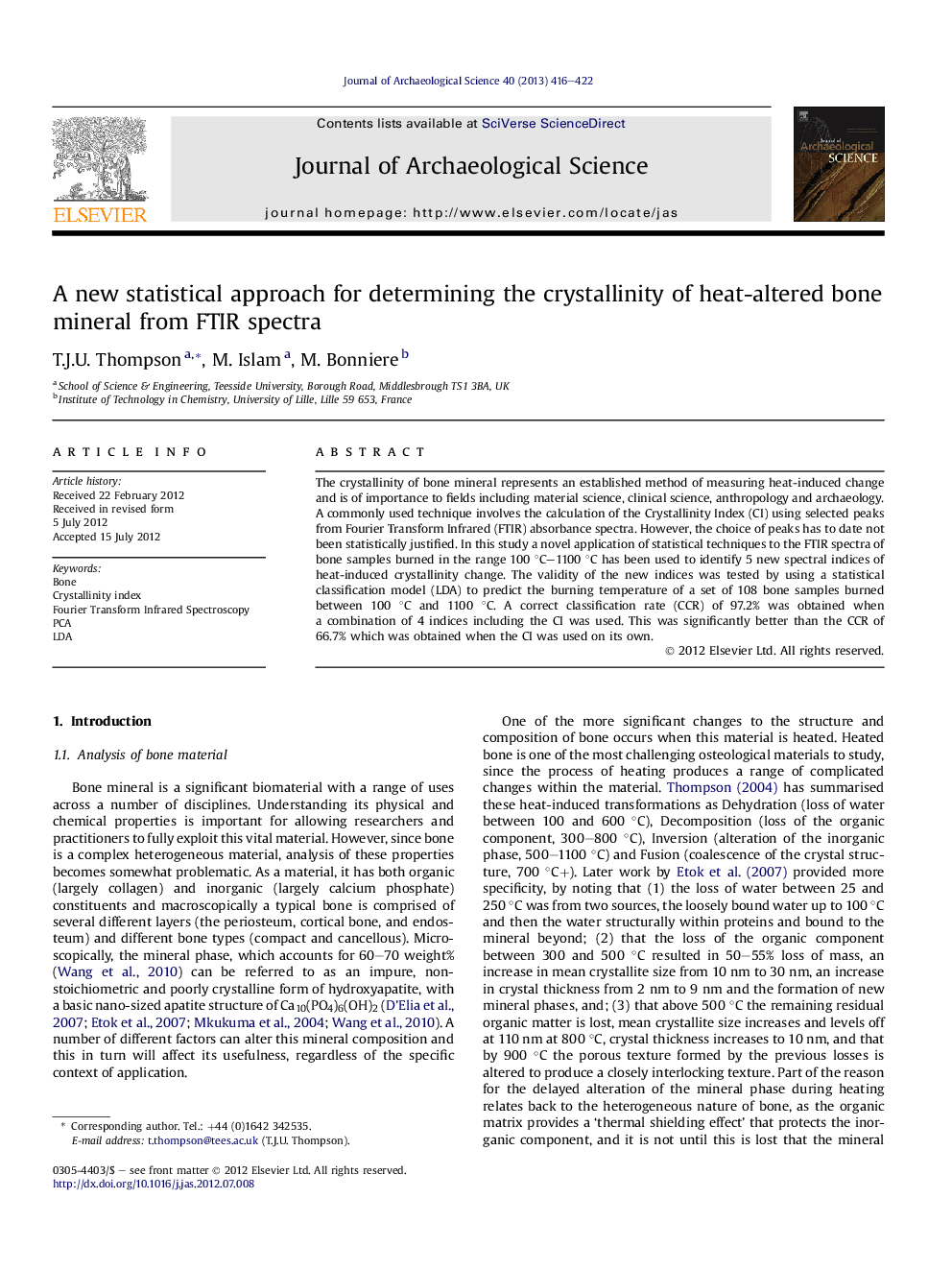 A new statistical approach for determining the crystallinity of heat-altered bone mineral from FTIR spectra