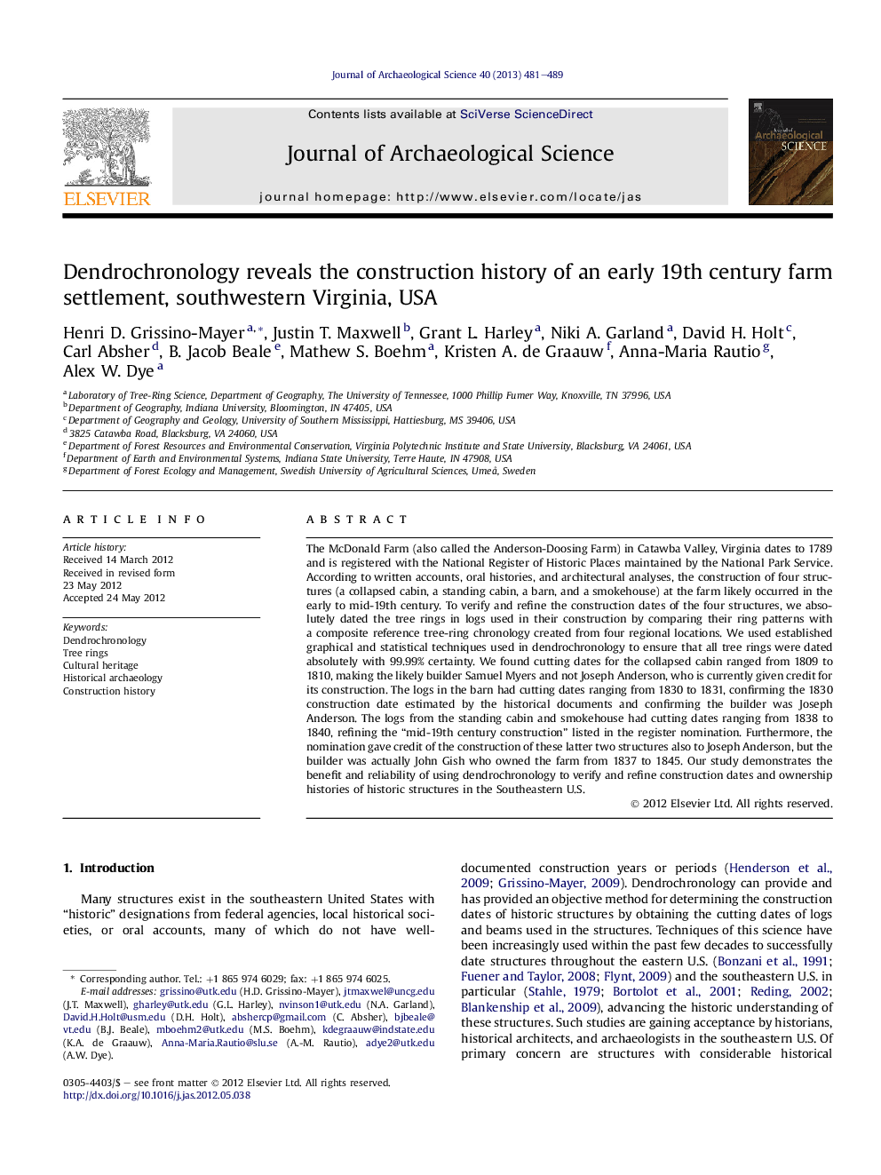 Dendrochronology reveals the construction history of an early 19th century farm settlement, southwestern Virginia, USA