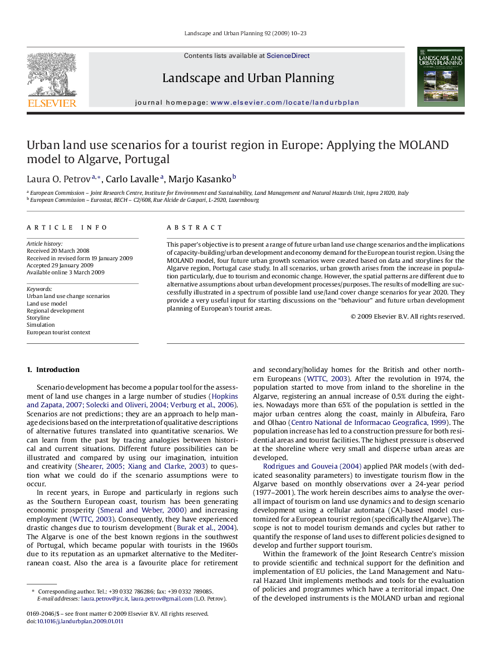 Urban land use scenarios for a tourist region in Europe: Applying the MOLAND model to Algarve, Portugal