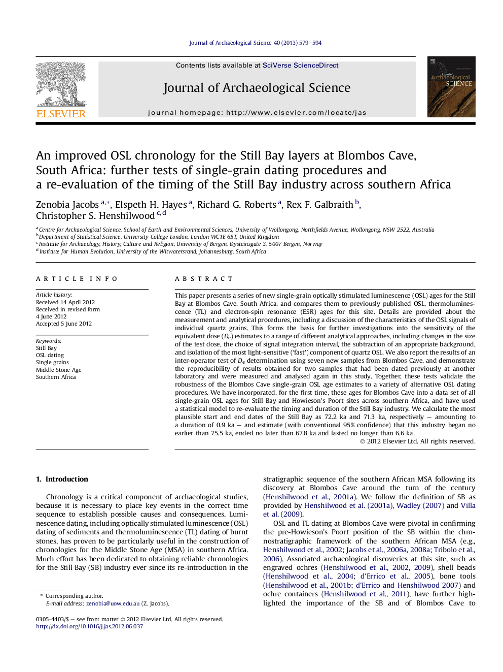 An improved OSL chronology for the Still Bay layers at Blombos Cave, South Africa: further tests of single-grain dating procedures and a re-evaluation of the timing of the Still Bay industry across southern Africa