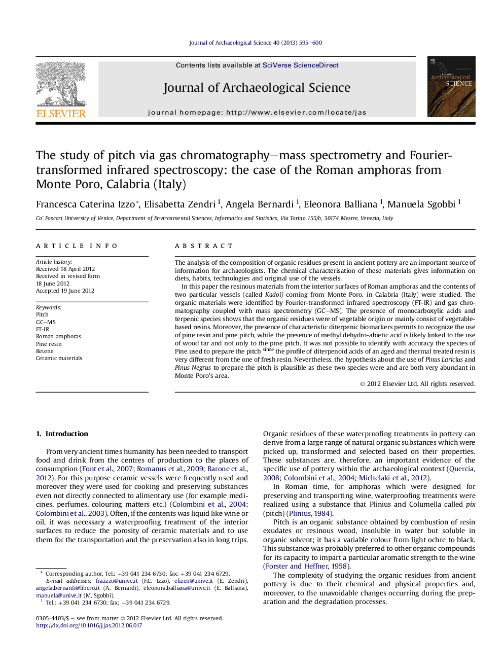 The study of pitch via gas chromatography-mass spectrometry and Fourier-transformed infrared spectroscopy: the case of the Roman amphoras from Monte Poro, Calabria (Italy)