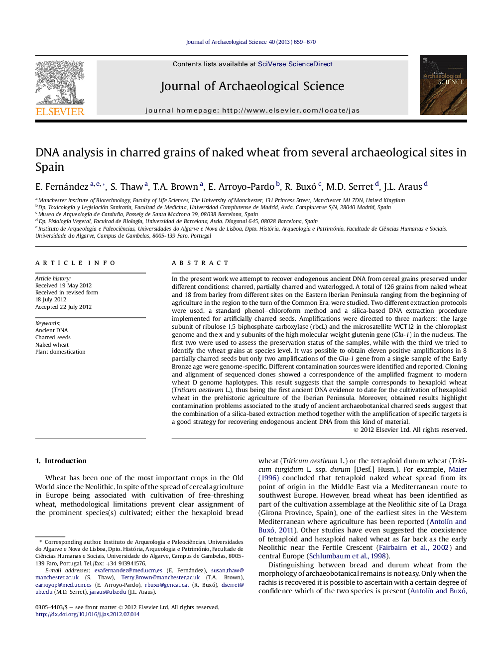 DNA analysis in charred grains of naked wheat from several archaeological sites in Spain