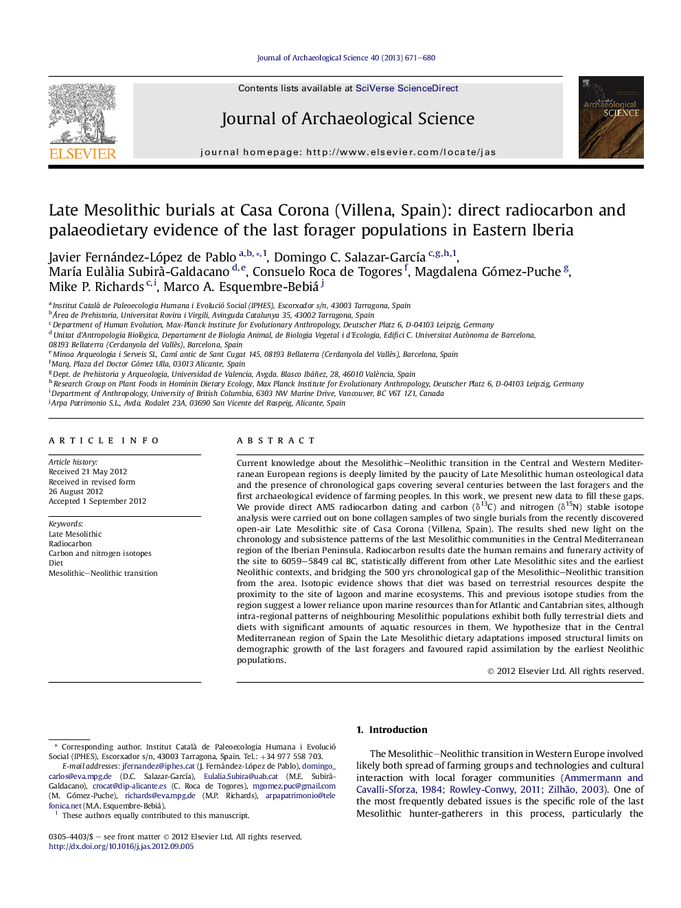 Late Mesolithic burials at Casa Corona (Villena, Spain): direct radiocarbon and palaeodietary evidence of the last forager populations in Eastern Iberia