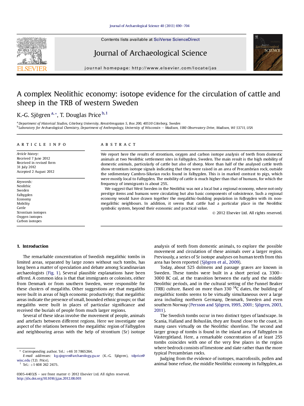 A complex Neolithic economy: isotope evidence for the circulation of cattle and sheep in the TRB of western Sweden