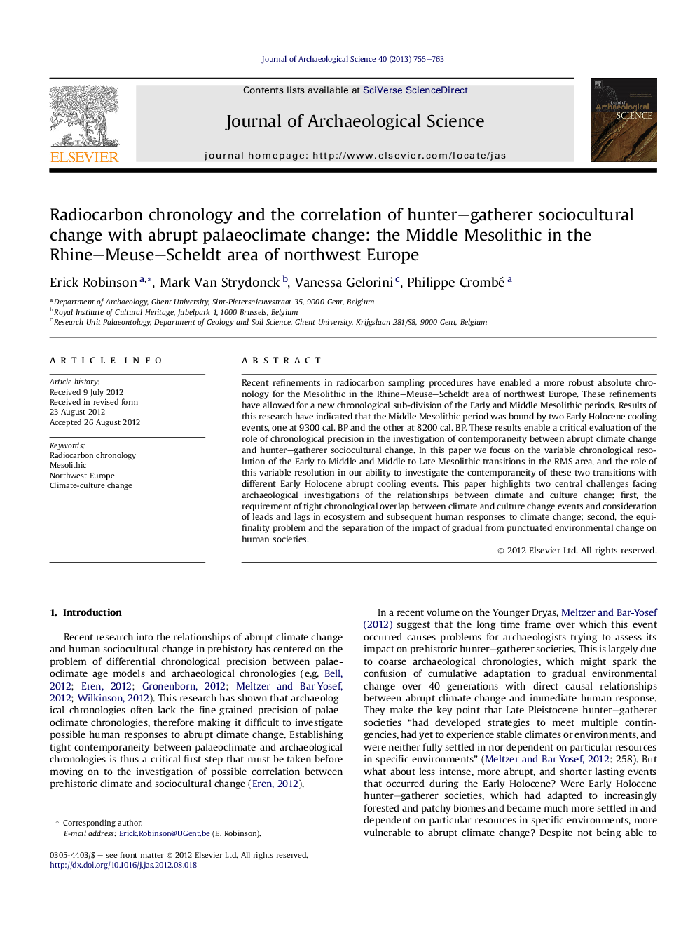 Radiocarbon chronology and the correlation of hunter-gatherer sociocultural change with abrupt palaeoclimate change: the Middle Mesolithic in the Rhine-Meuse-Scheldt area of northwest Europe