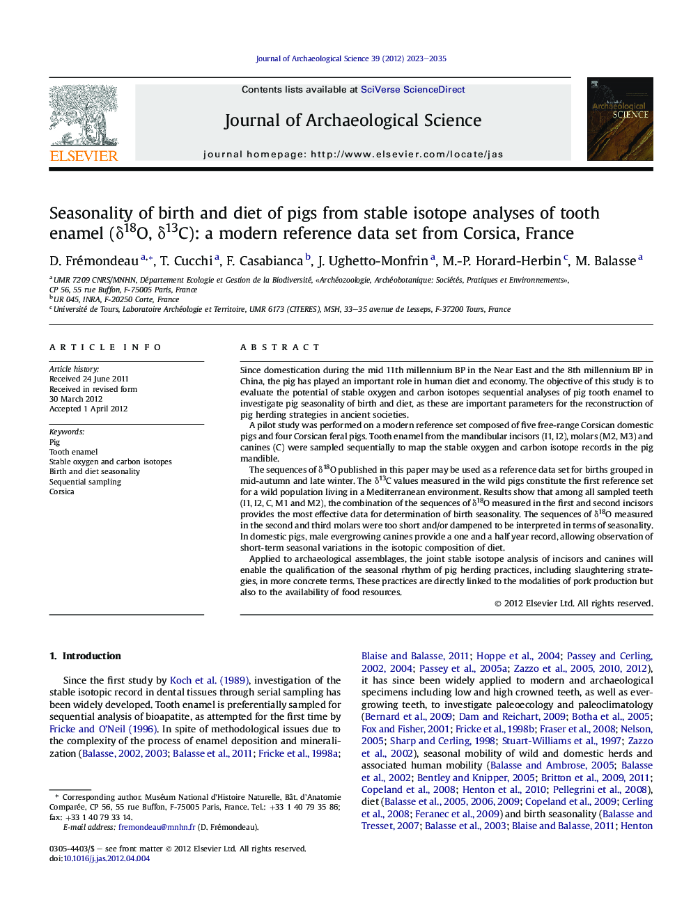 Seasonality of birth and diet of pigs from stable isotope analyses of tooth enamel (Î´18O, Î´13C): a modern reference data set from Corsica, France