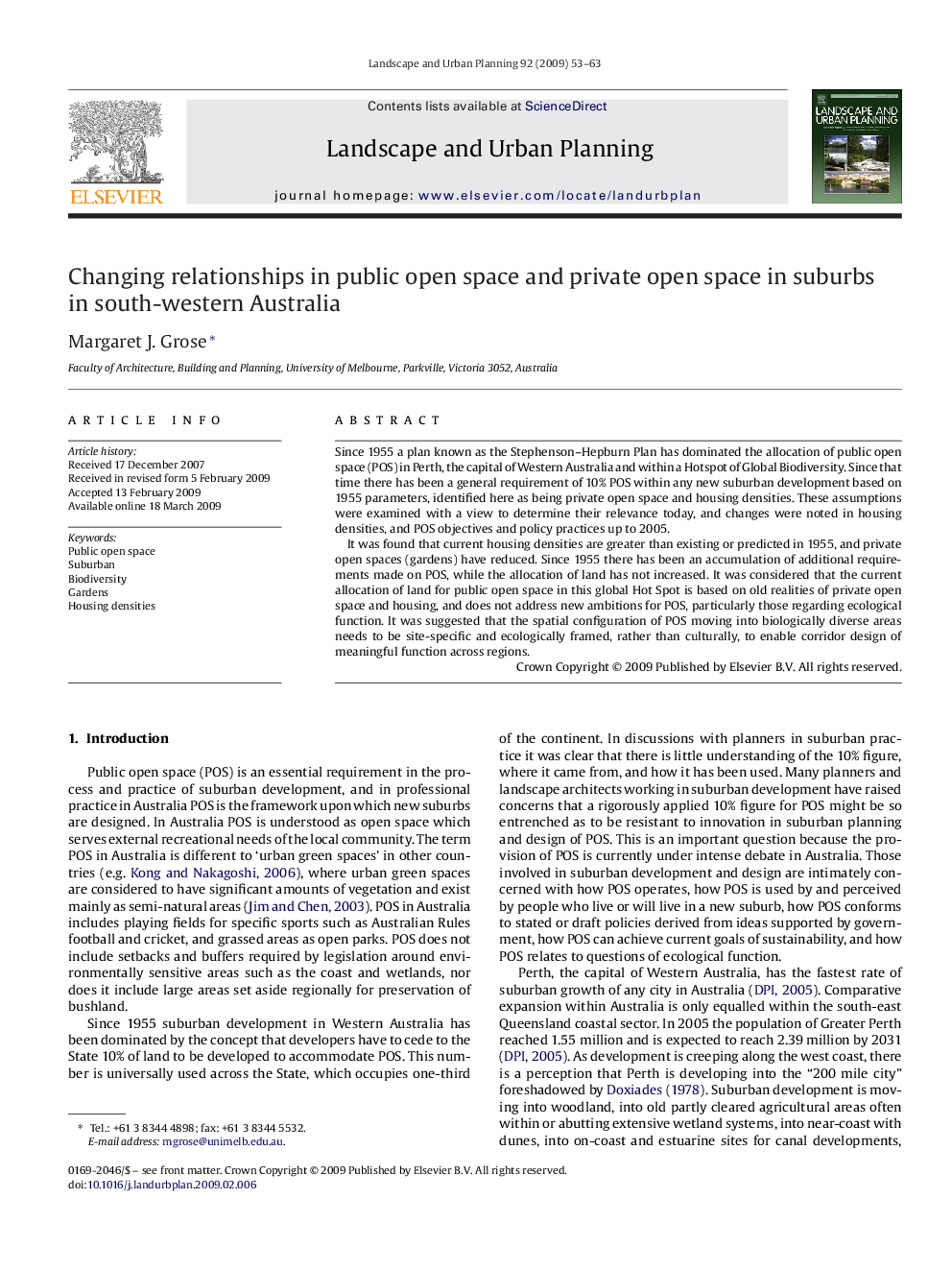 Changing relationships in public open space and private open space in suburbs in south-western Australia