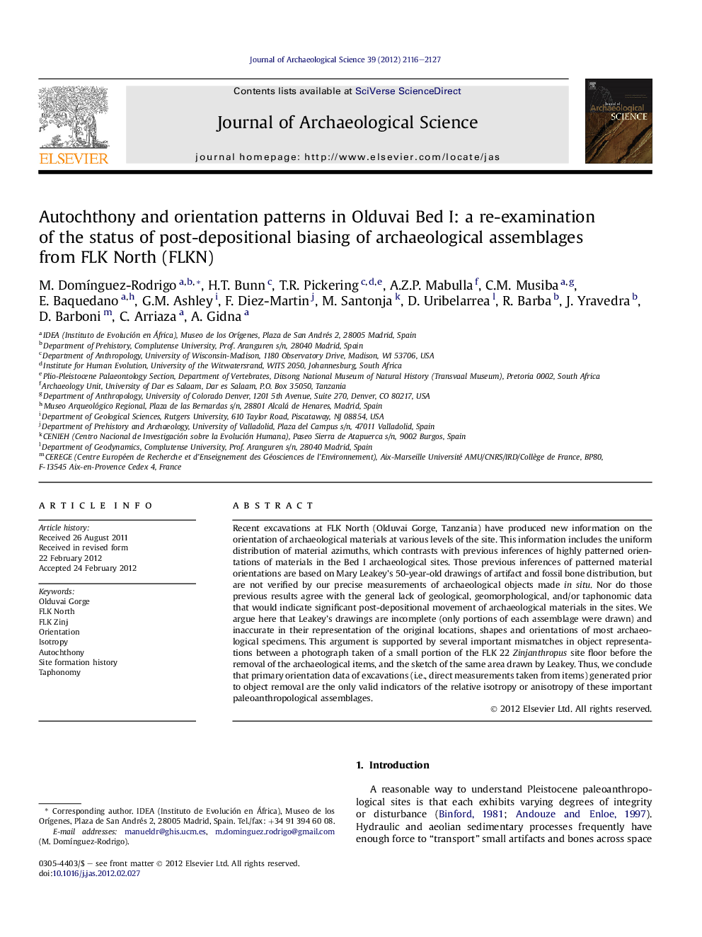 Autochthony and orientation patterns in Olduvai Bed I: a re-examination of the status of post-depositional biasing of archaeological assemblages from FLK North (FLKN)