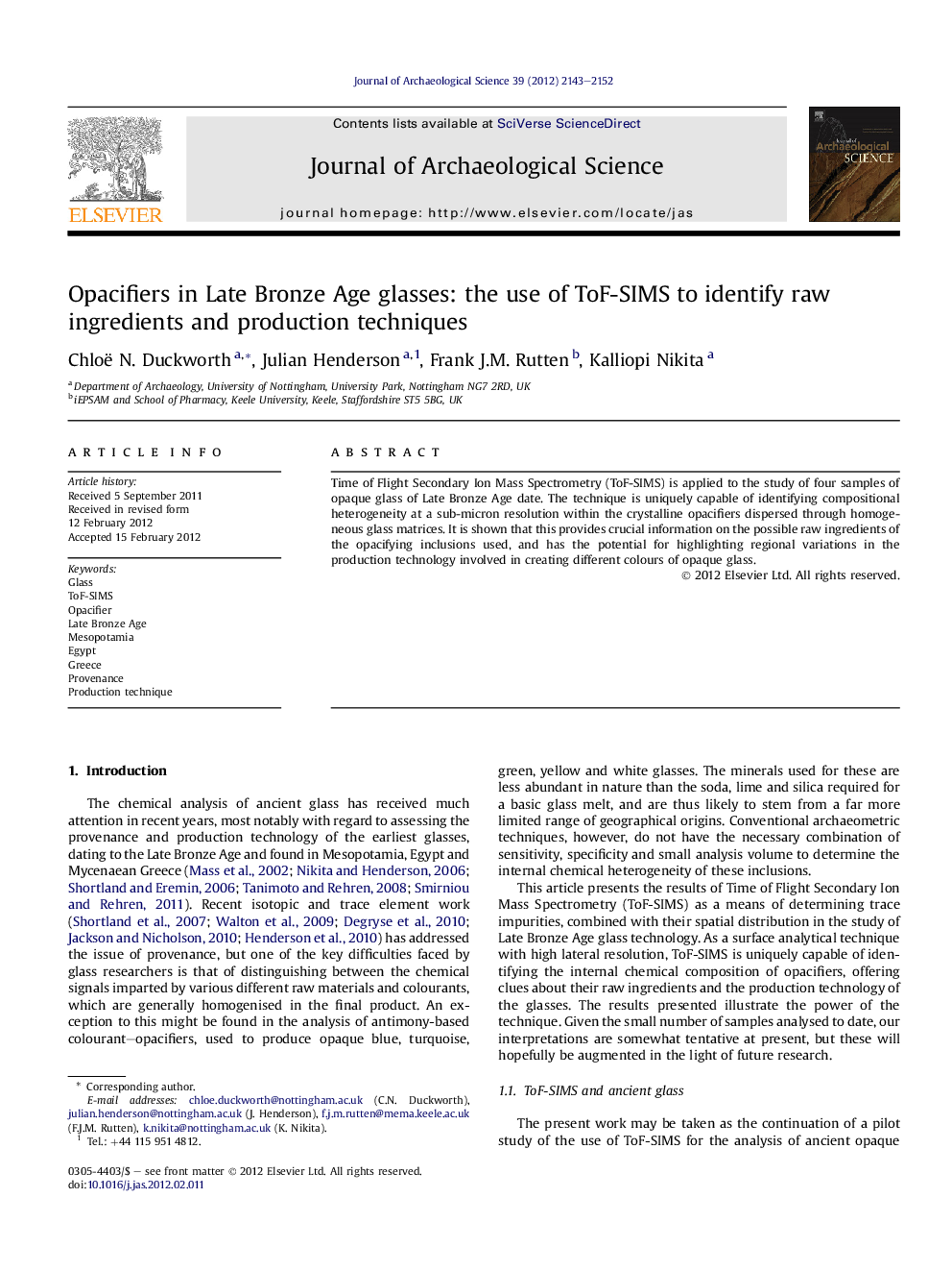 Opacifiers in Late Bronze Age glasses: the use of ToF-SIMS to identify raw ingredients and production techniques