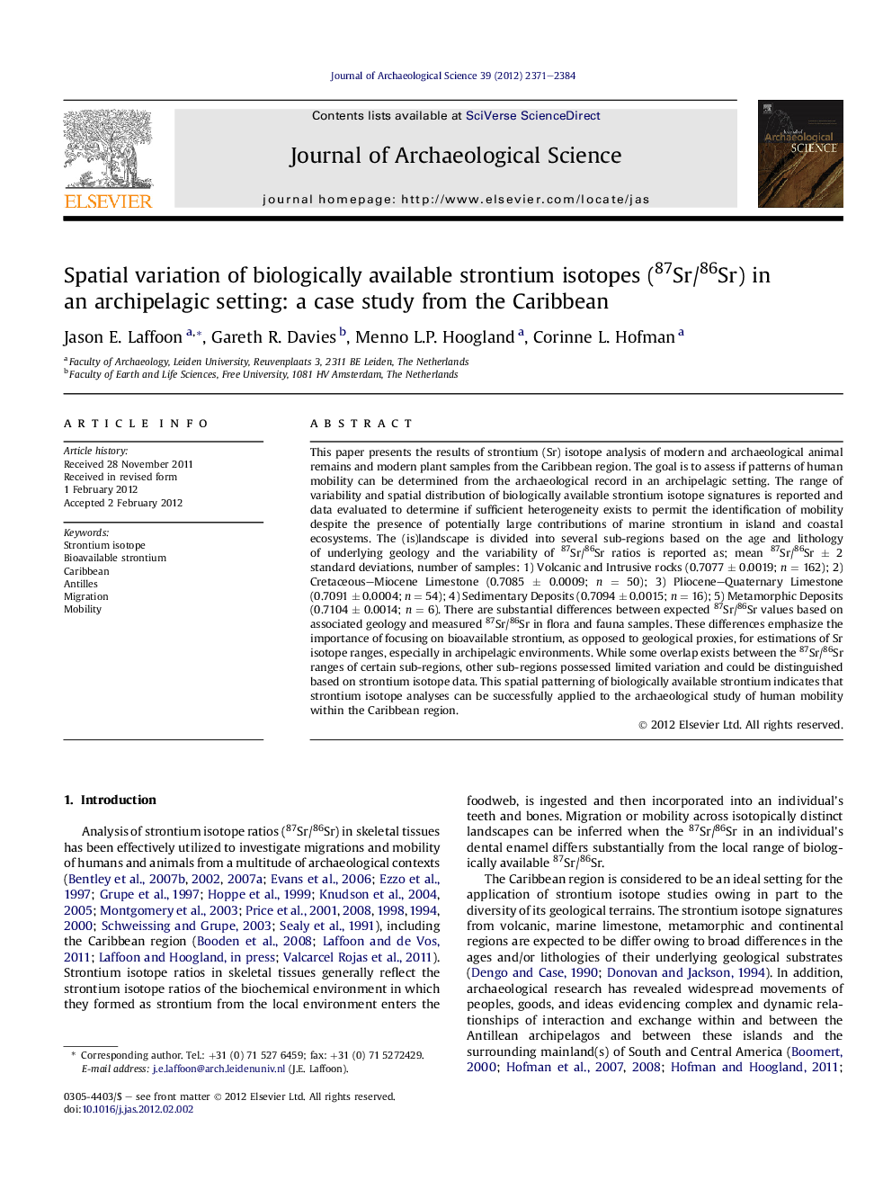 Spatial variation of biologically available strontium isotopes (87Sr/86Sr) in an archipelagic setting: a case study from the Caribbean