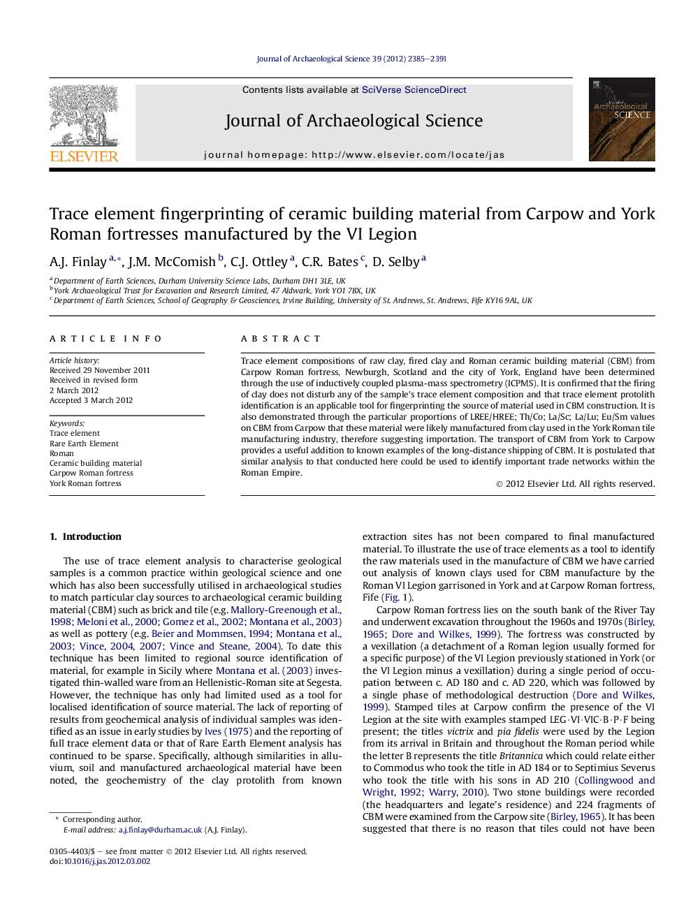 Trace element fingerprinting of ceramic building material from Carpow and York Roman fortresses manufactured by the VI Legion