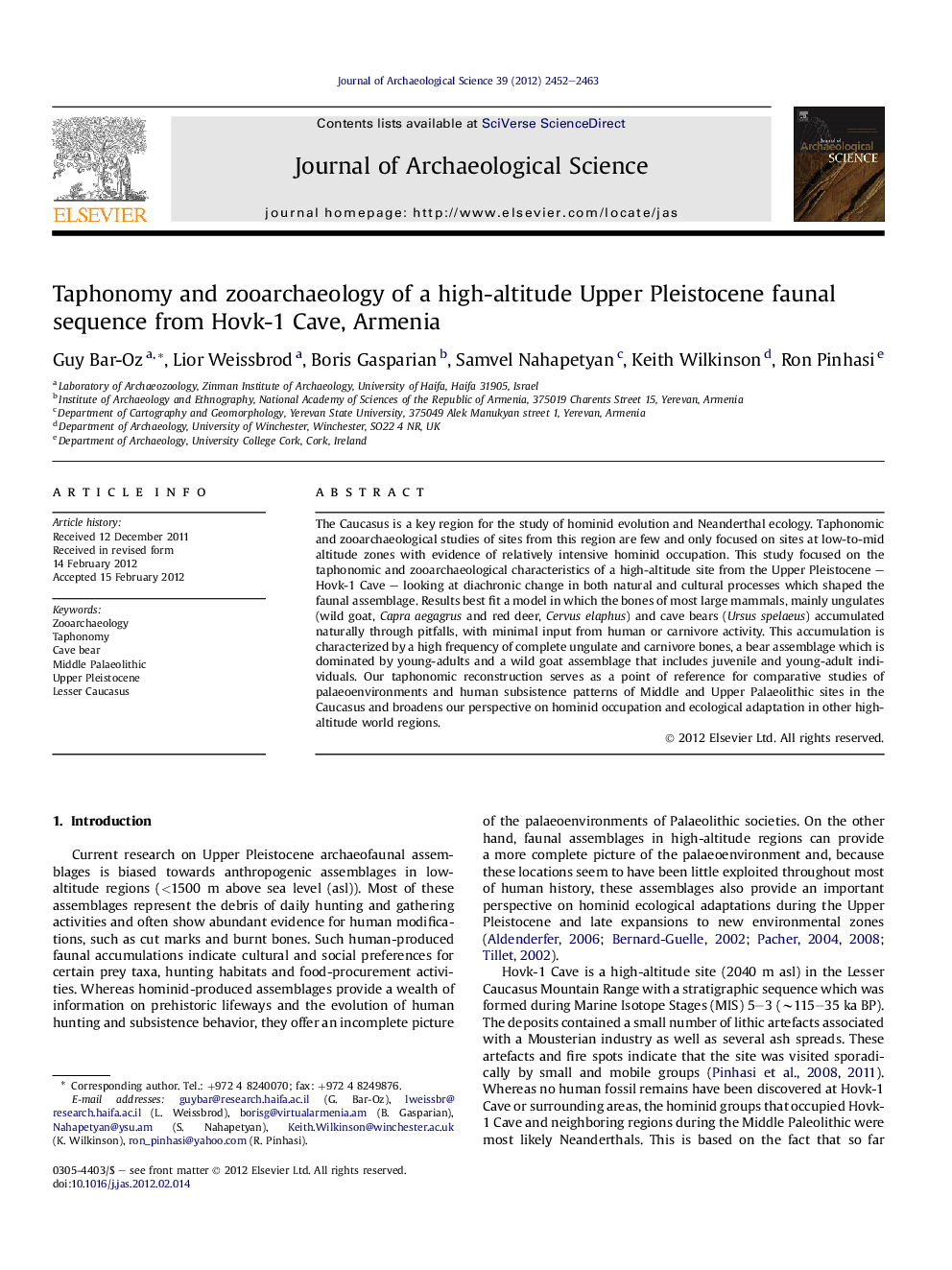 Taphonomy and zooarchaeology of a high-altitude Upper Pleistocene faunal sequence from Hovk-1 Cave, Armenia