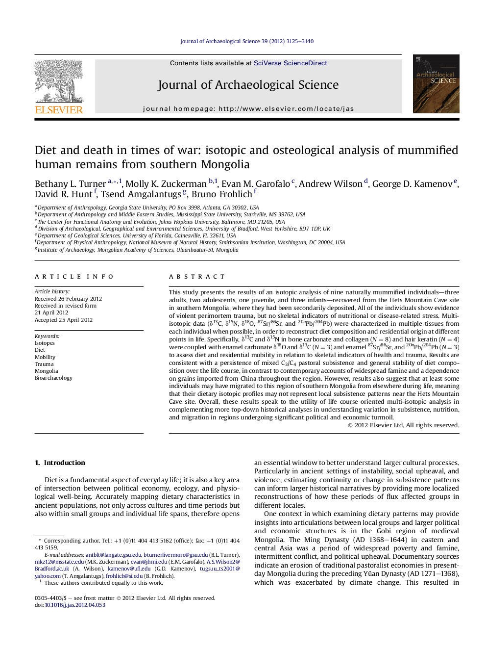 Diet and death in times of war: isotopic and osteological analysis of mummified human remains from southern Mongolia