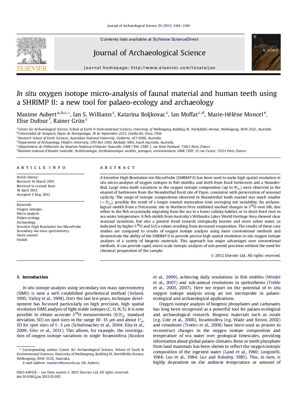 In situ oxygen isotope micro-analysis of faunal material and human teeth using a SHRIMP II: a new tool for palaeo-ecology and archaeology