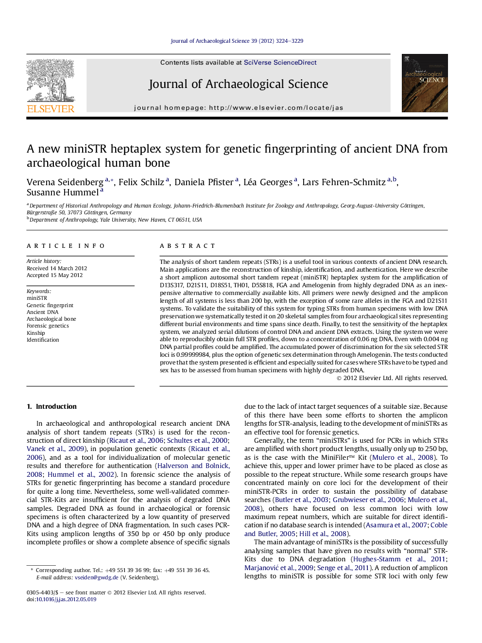 A new miniSTR heptaplex system for genetic fingerprinting of ancient DNA from archaeological human bone