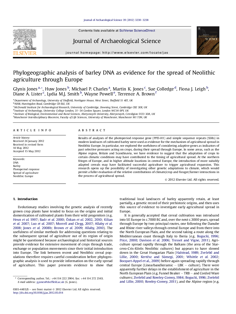 Phylogeographic analysis of barley DNA as evidence for the spread of Neolithic agriculture through Europe