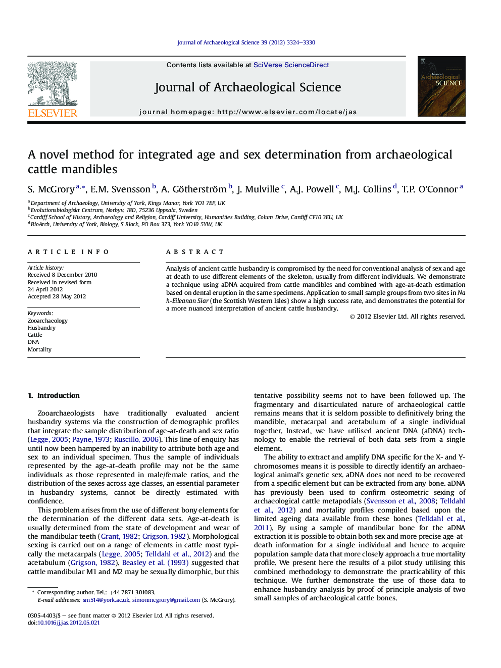 A novel method for integrated age and sex determination from archaeological cattle mandibles