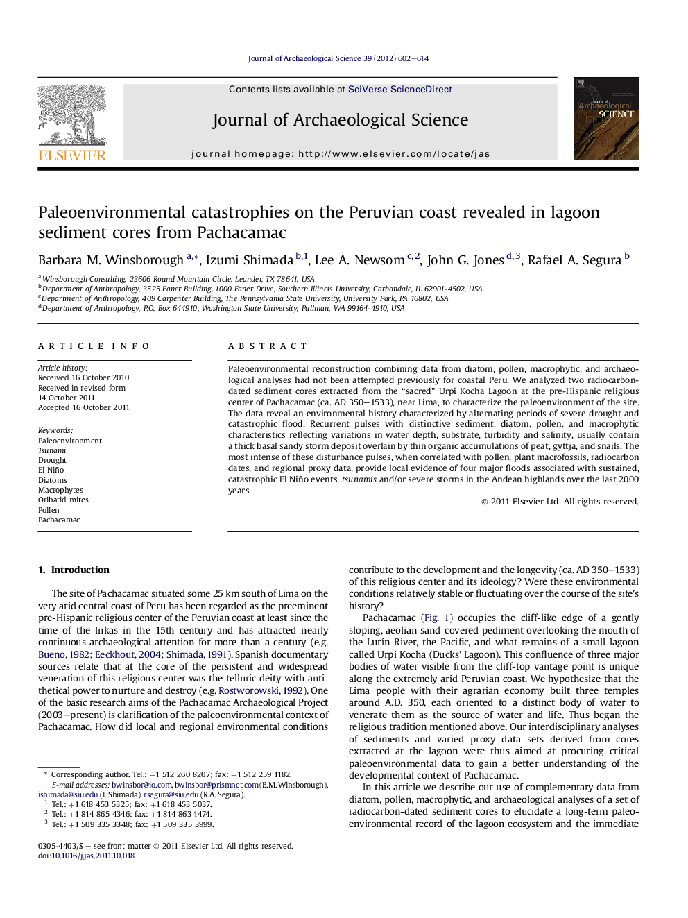 Paleoenvironmental catastrophies on the Peruvian coast revealed in lagoon sediment cores from Pachacamac