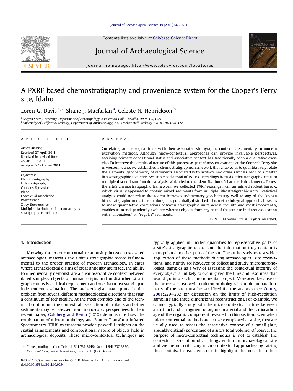 A PXRF-based chemostratigraphy and provenience system for the Cooper's Ferry site, Idaho