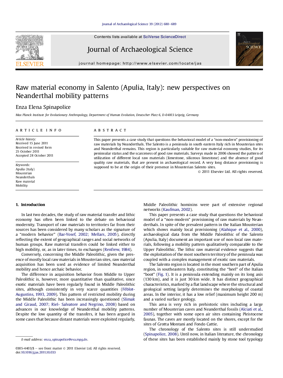 Raw material economy in Salento (Apulia, Italy): new perspectives on Neanderthal mobility patterns