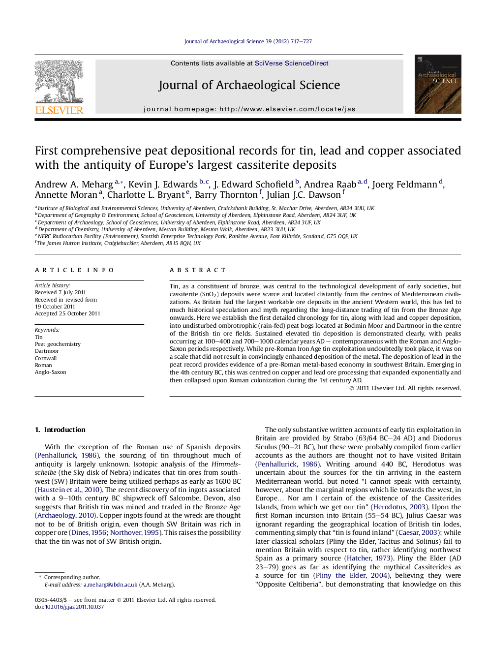 First comprehensive peat depositional records for tin, lead and copper associated with the antiquity of Europe's largest cassiterite deposits