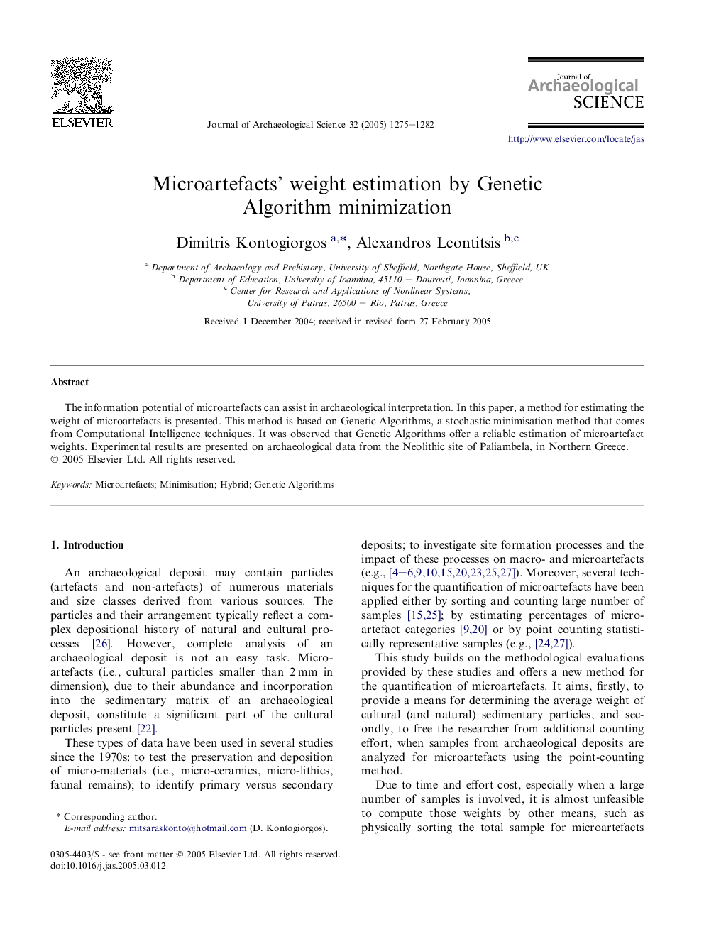 Microartefacts' weight estimation by Genetic Algorithm minimization