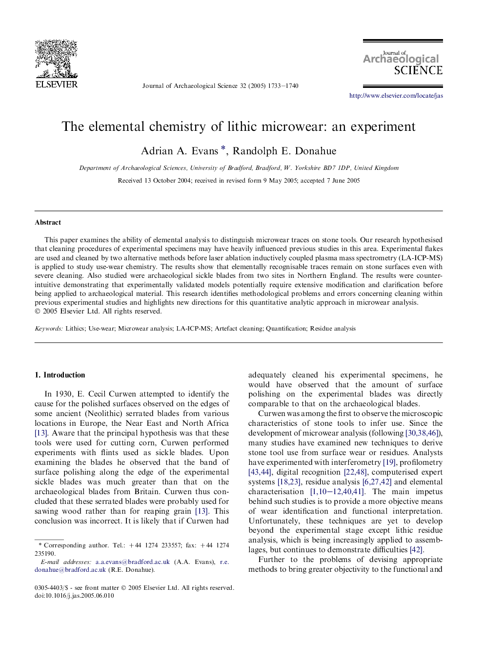 The elemental chemistry of lithic microwear: an experiment