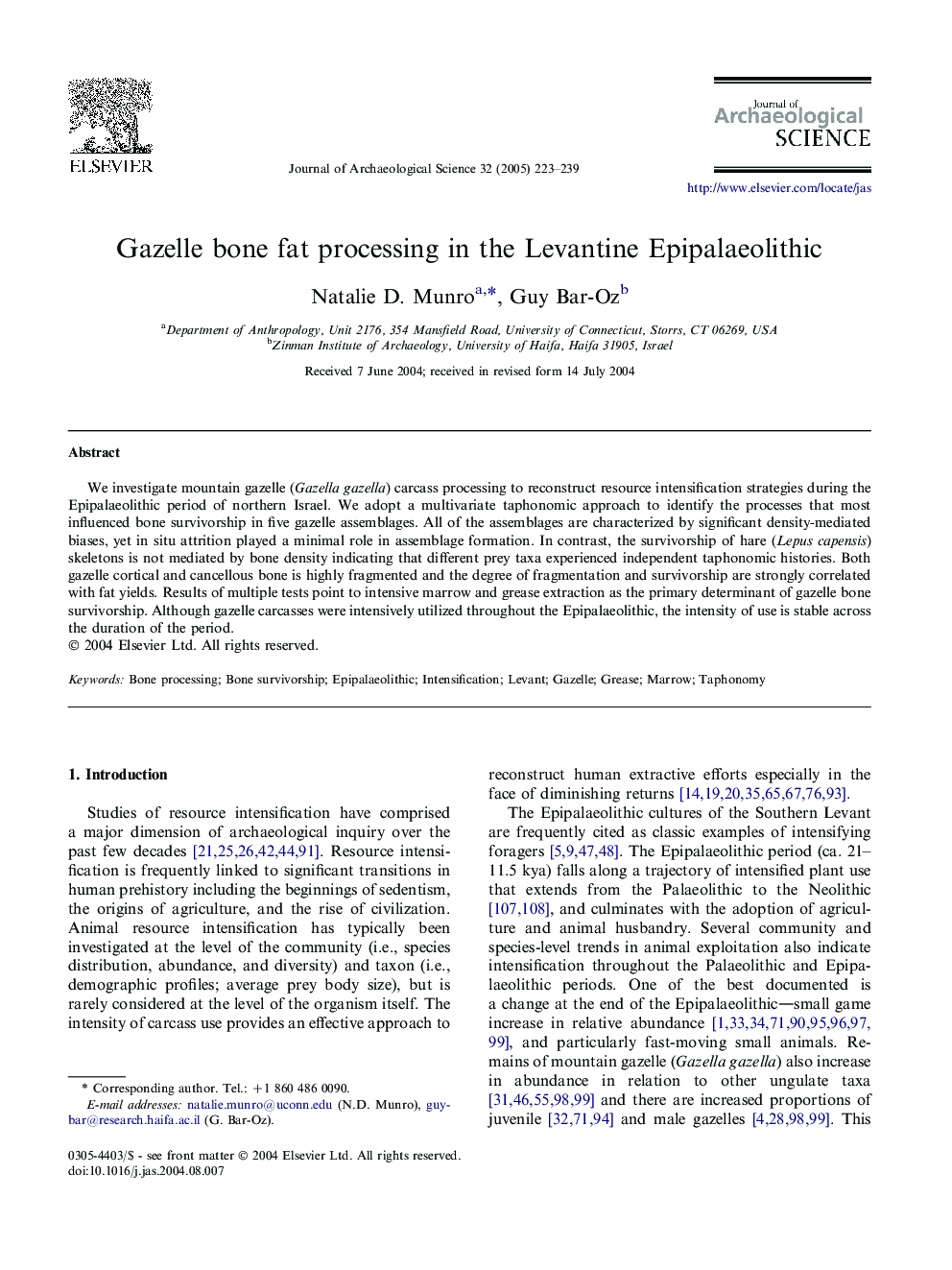 Gazelle bone fat processing in the Levantine Epipalaeolithic