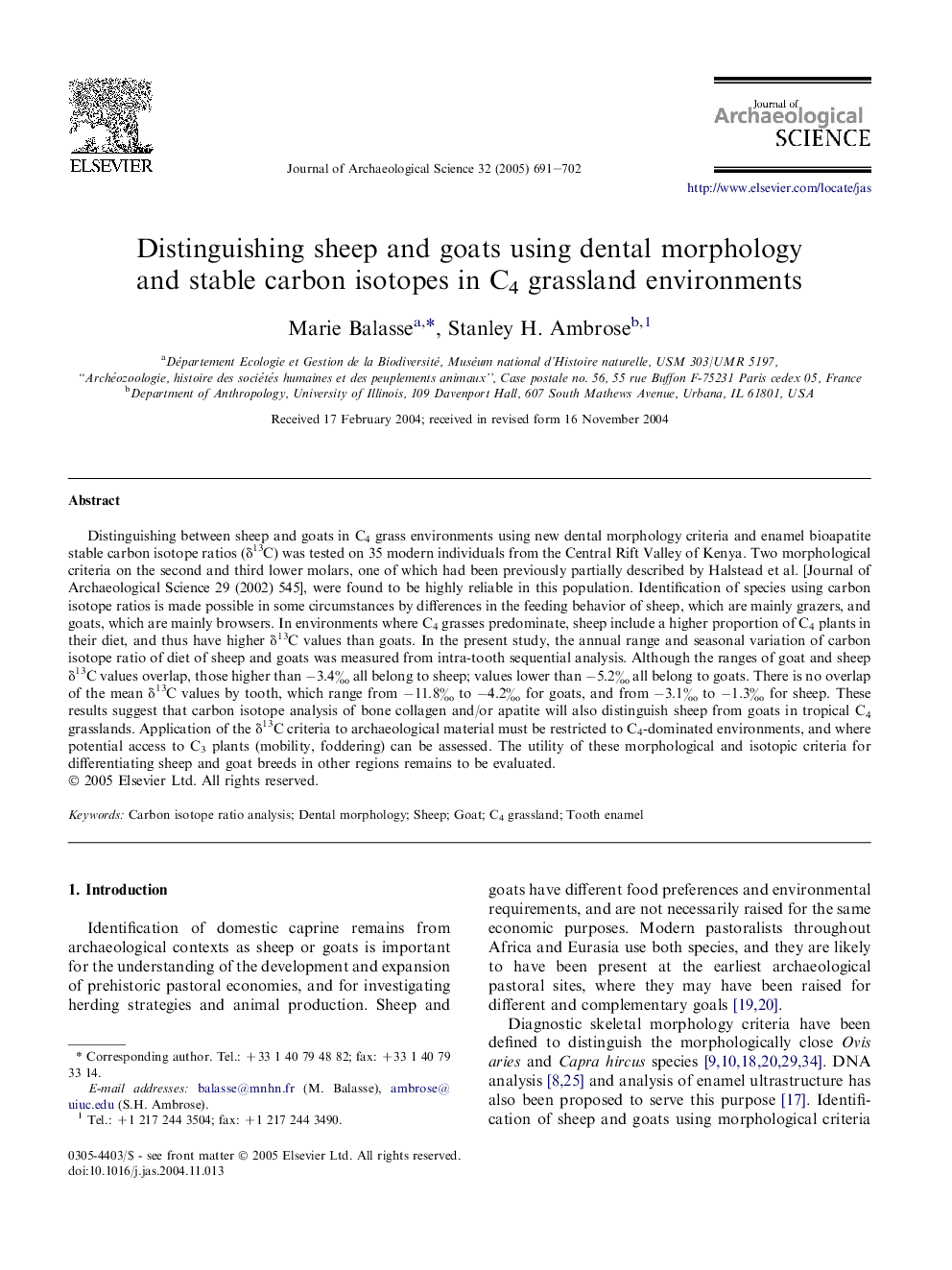 Distinguishing sheep and goats using dental morphology and stable carbon isotopes in C4 grassland environments