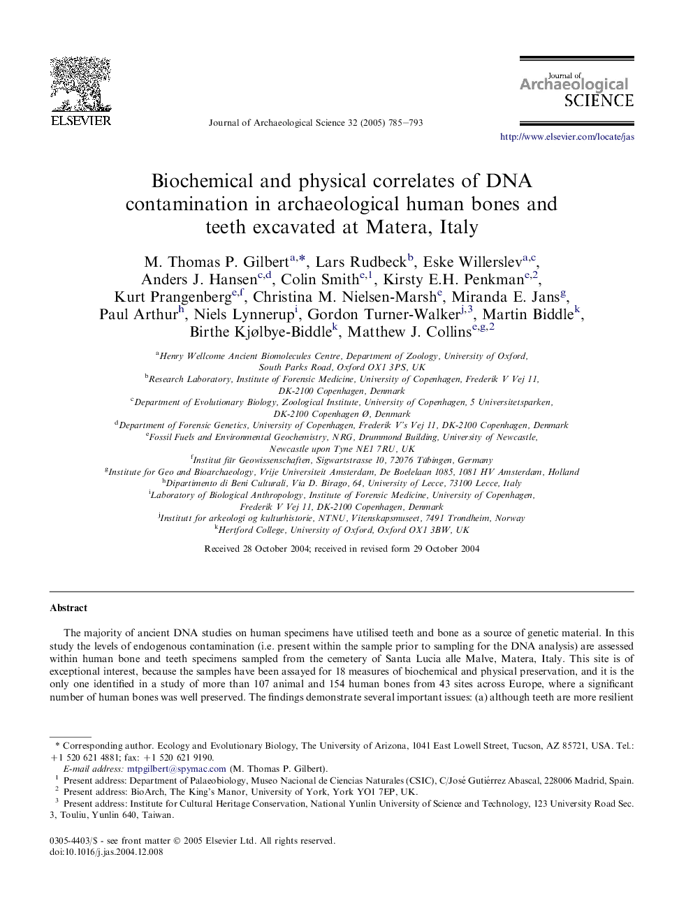 Biochemical and physical correlates of DNA contamination in archaeological human bones and teeth excavated at Matera, Italy