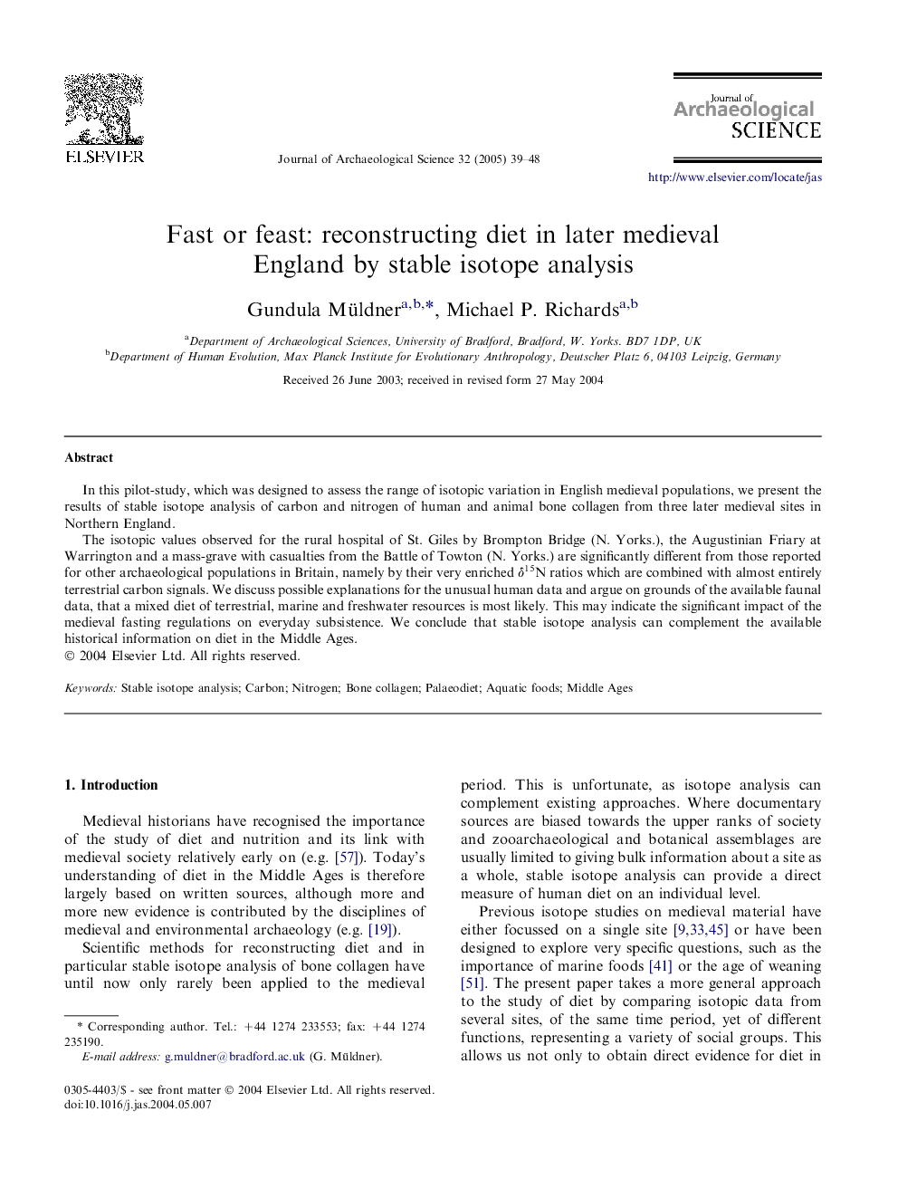 Fast or feast: reconstructing diet in later medieval England by stable isotope analysis