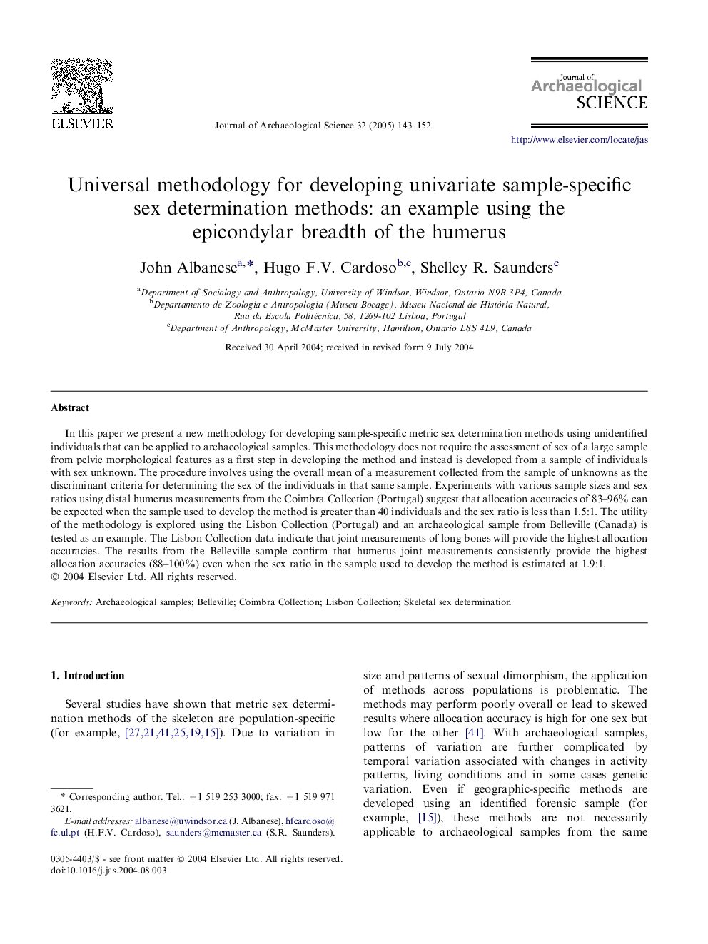 Universal methodology for developing univariate sample-specific sex determination methods: an example using the epicondylar breadth of the humerus